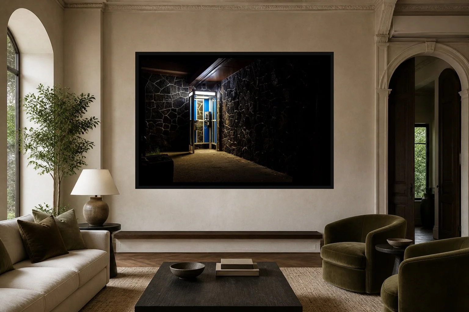 Open After Dark displayed in a black frame within a modern palazzo sitting room with lime plaster, dark timber, muted velvet, and a clear central wall