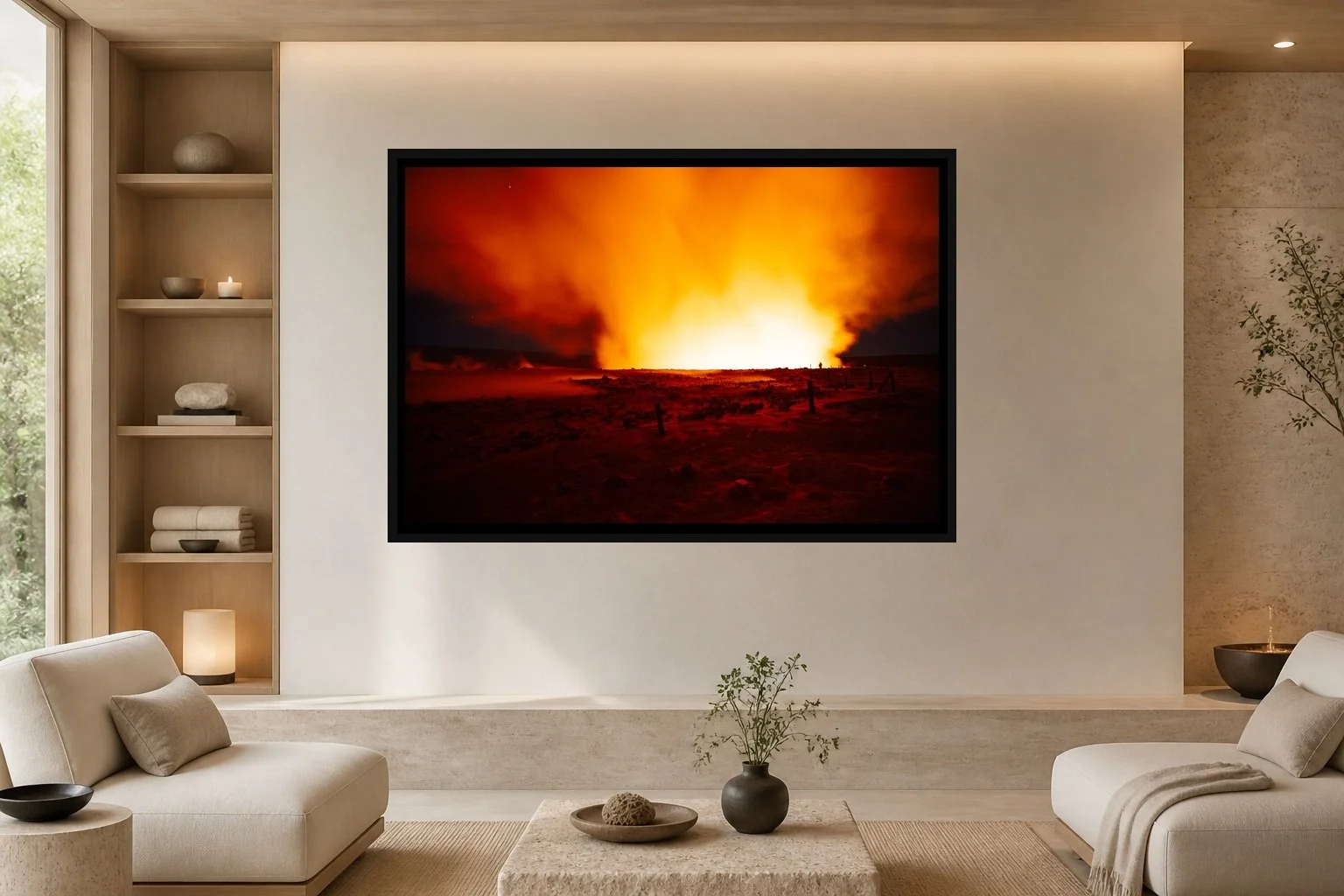 Before the Lava displayed in a black frame within a luxury spa lounge with limestone, light ash wood, low cream seating, and a clear central wall