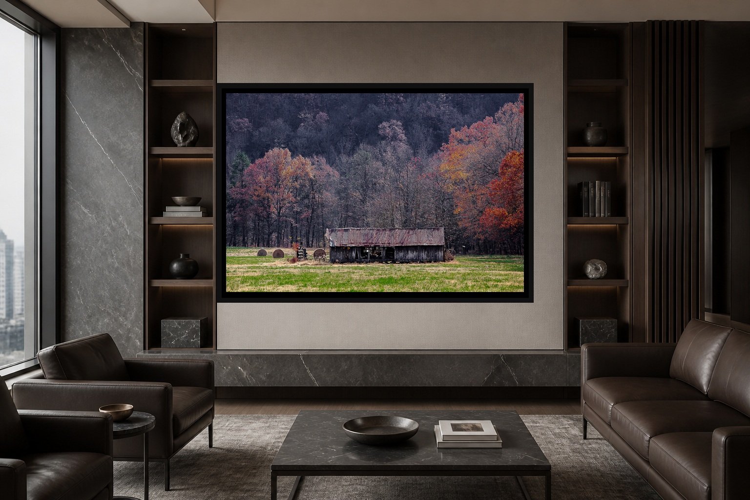 Autumn Holding displayed in a black frame within a high-rise executive waiting room with charcoal stone, smoked oak, restrained leather seating, and a clear central wall