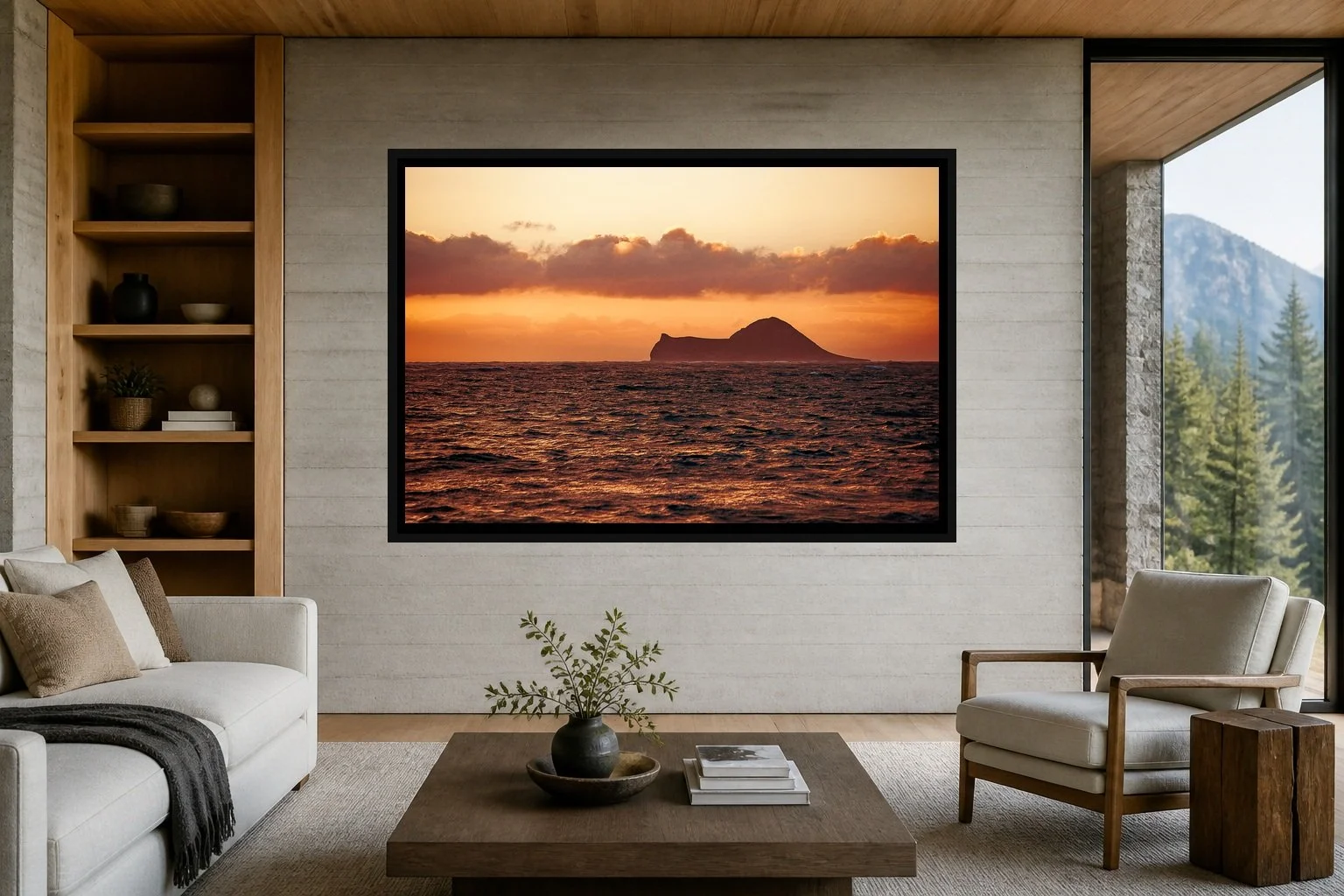 Profile at Dusk displayed in a black frame within a contemporary mountain residence with board-formed concrete, oak, soft neutral upholstery, and a clear central wall