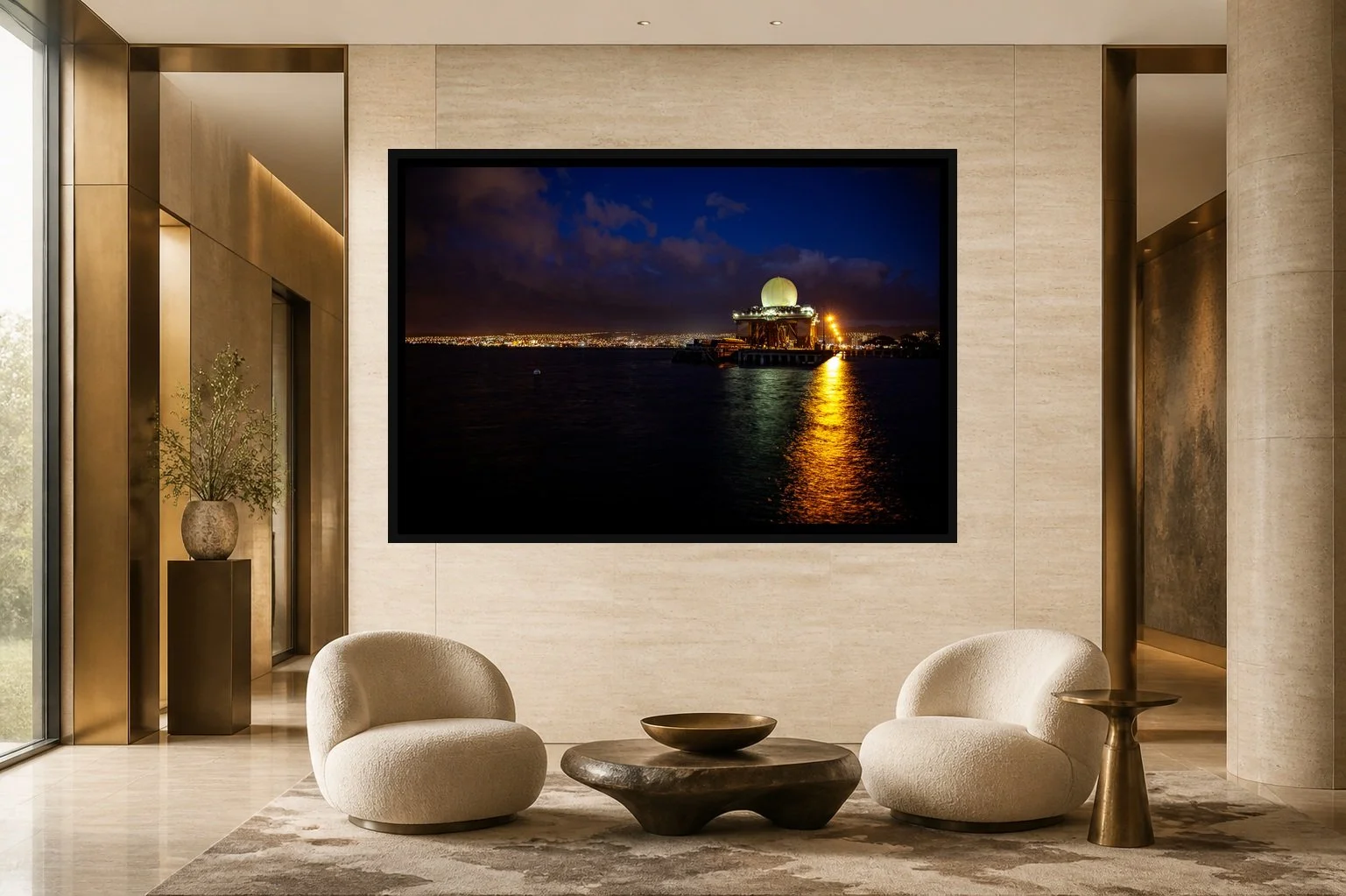 Night Beacon displayed in a black frame within a five-star hotel corridor lounge with travertine, bronze, sculptural seating, and a clear central wall