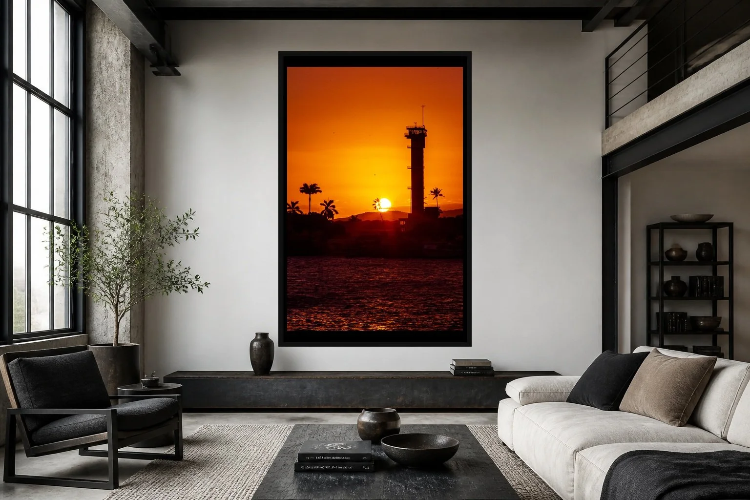 Last Watch displayed in a black frame within a modern collector's loft with white plaster, blackened steel, textured fabrics, and a clear central wall