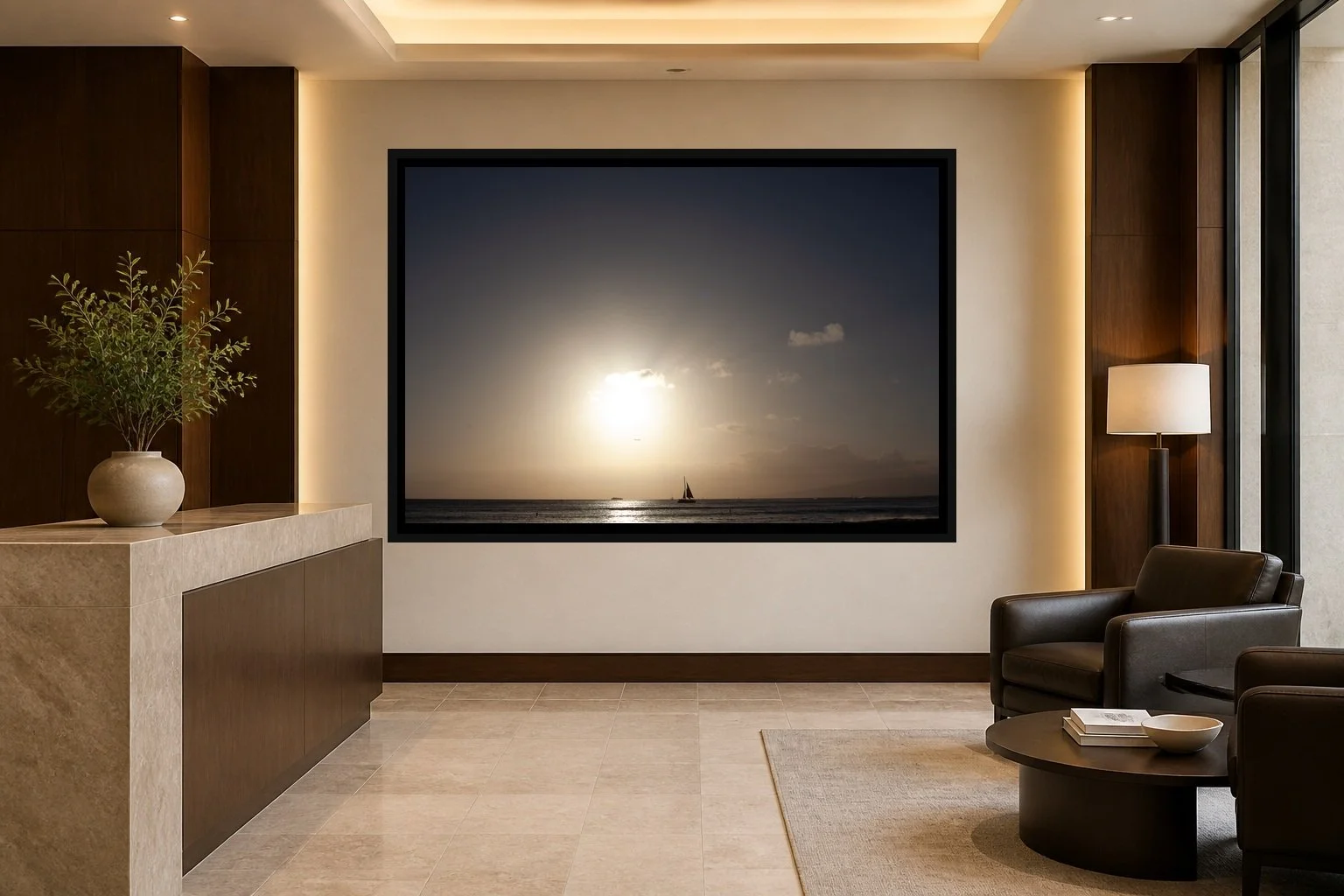 Small Sail, Wide Sun displayed in a black frame within an upscale law-office reception area with honed stone, walnut paneling, quiet seating, and a clear central wall