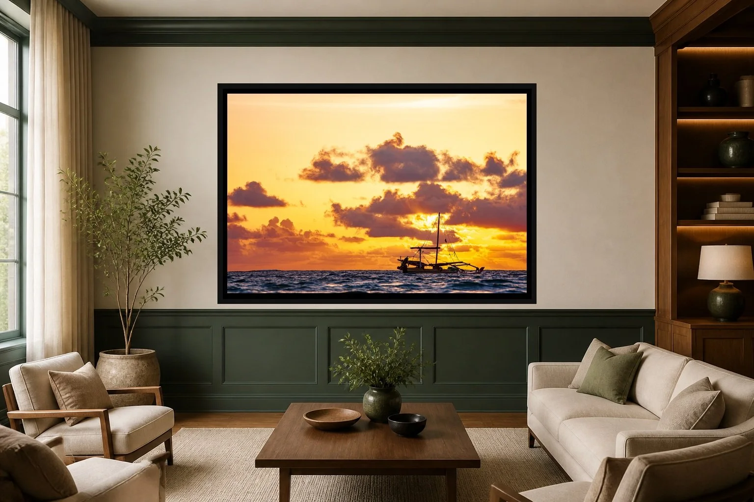 Outrigger Evening displayed in a black frame within a boutique hotel salon with deep green accents, warm oak, linen seating, and a clear central wall