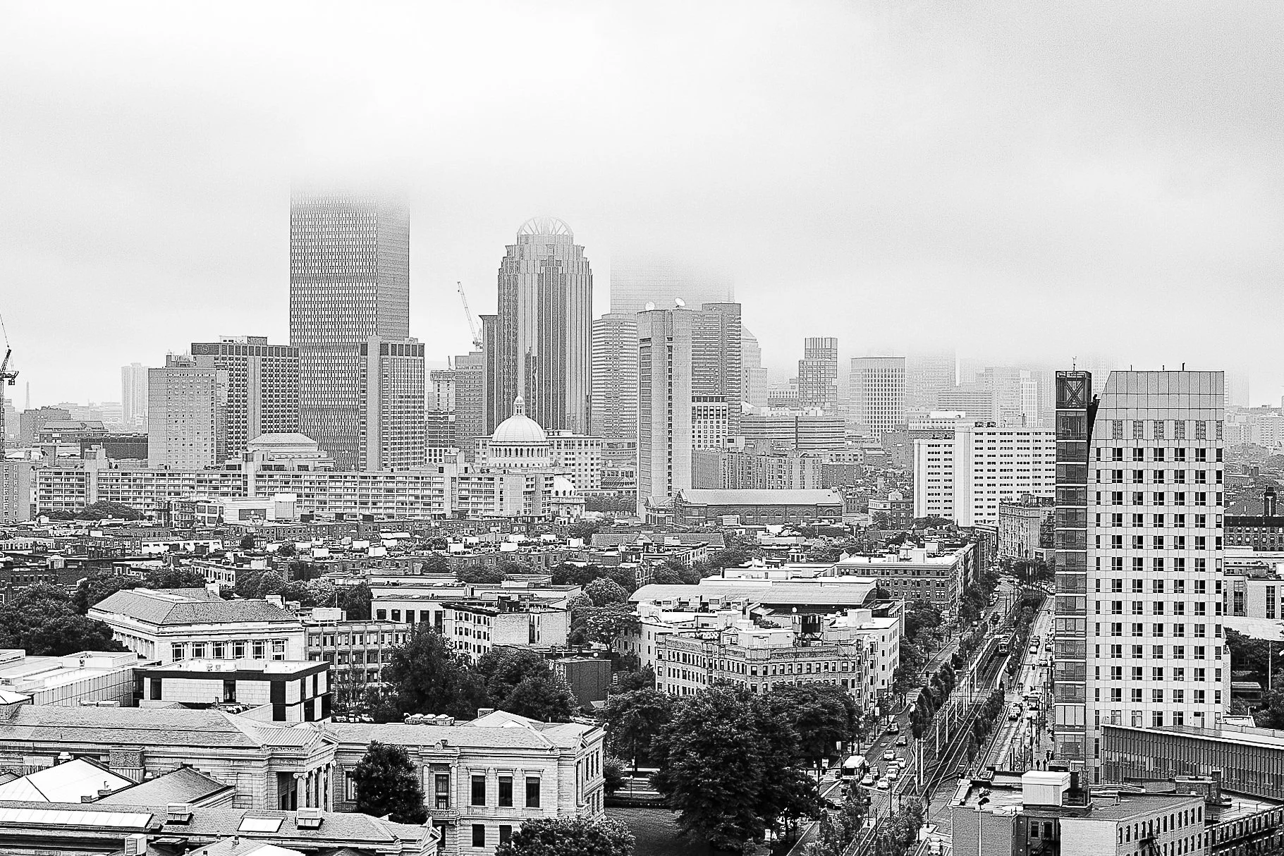 Detail crop from City in Gray, emphasizing roads and rooftops emerge gradually from the pale atmospheric layers