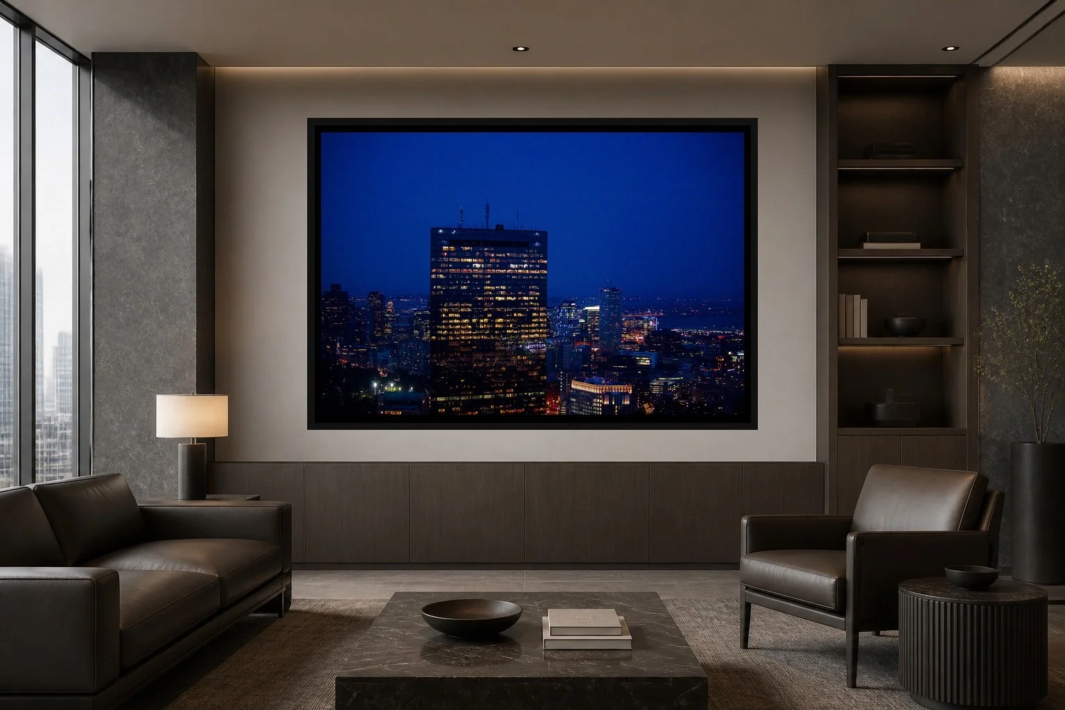 One Building Awake displayed in a black frame within a high-rise executive waiting room with charcoal stone, smoked oak, restrained leather seating, and a clear central wall