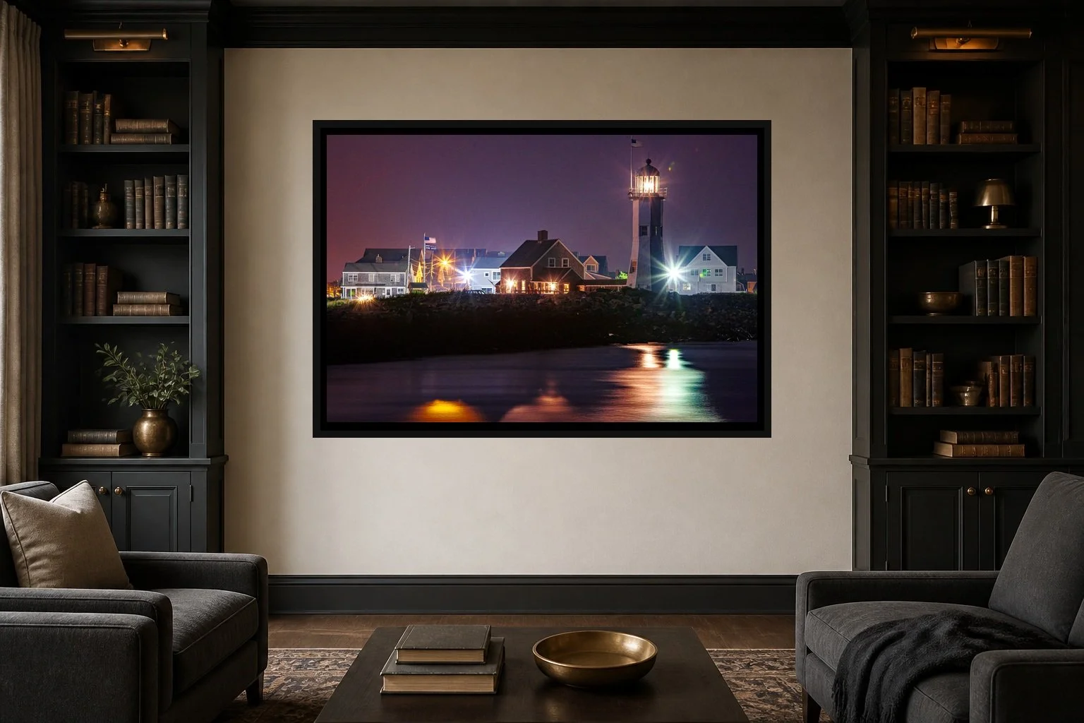 Harbor Lantern displayed in a black frame within a quiet private library with dark shelving, warm brass, tailored wool seating, and a clear central wall