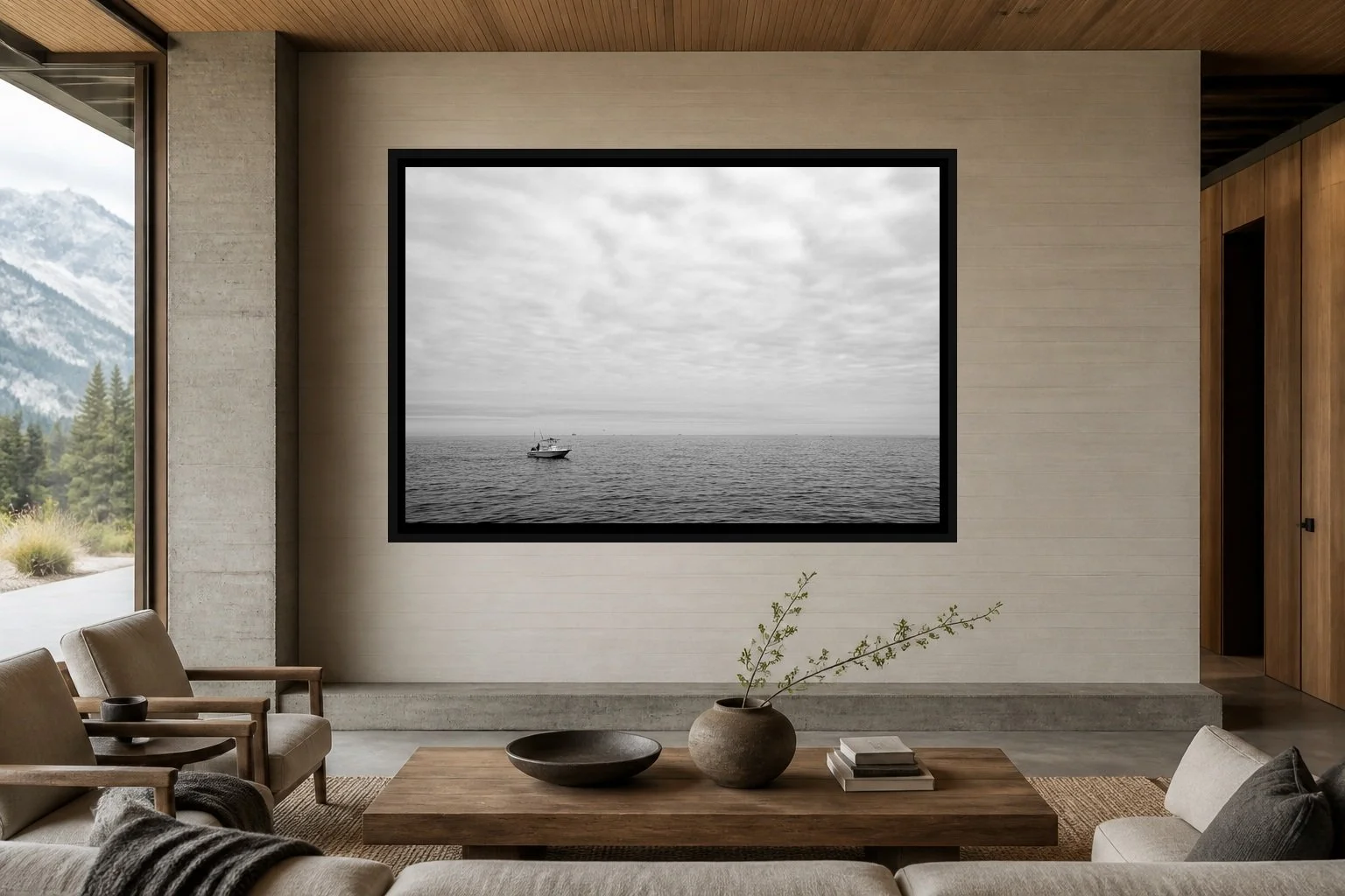 A Boat in the Blank displayed in a black frame within a contemporary mountain residence with board-formed concrete, oak, soft neutral upholstery, and a clear central wall