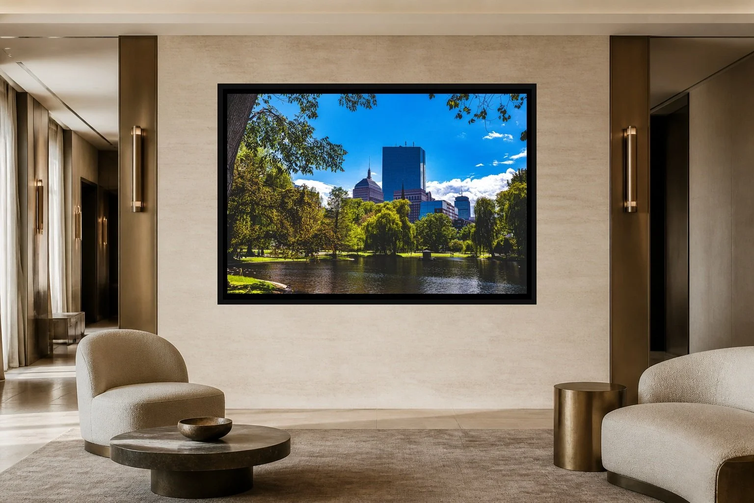 Parkside Geometry displayed in a black frame within a five-star hotel corridor lounge with travertine, bronze, sculptural seating, and a clear central wall