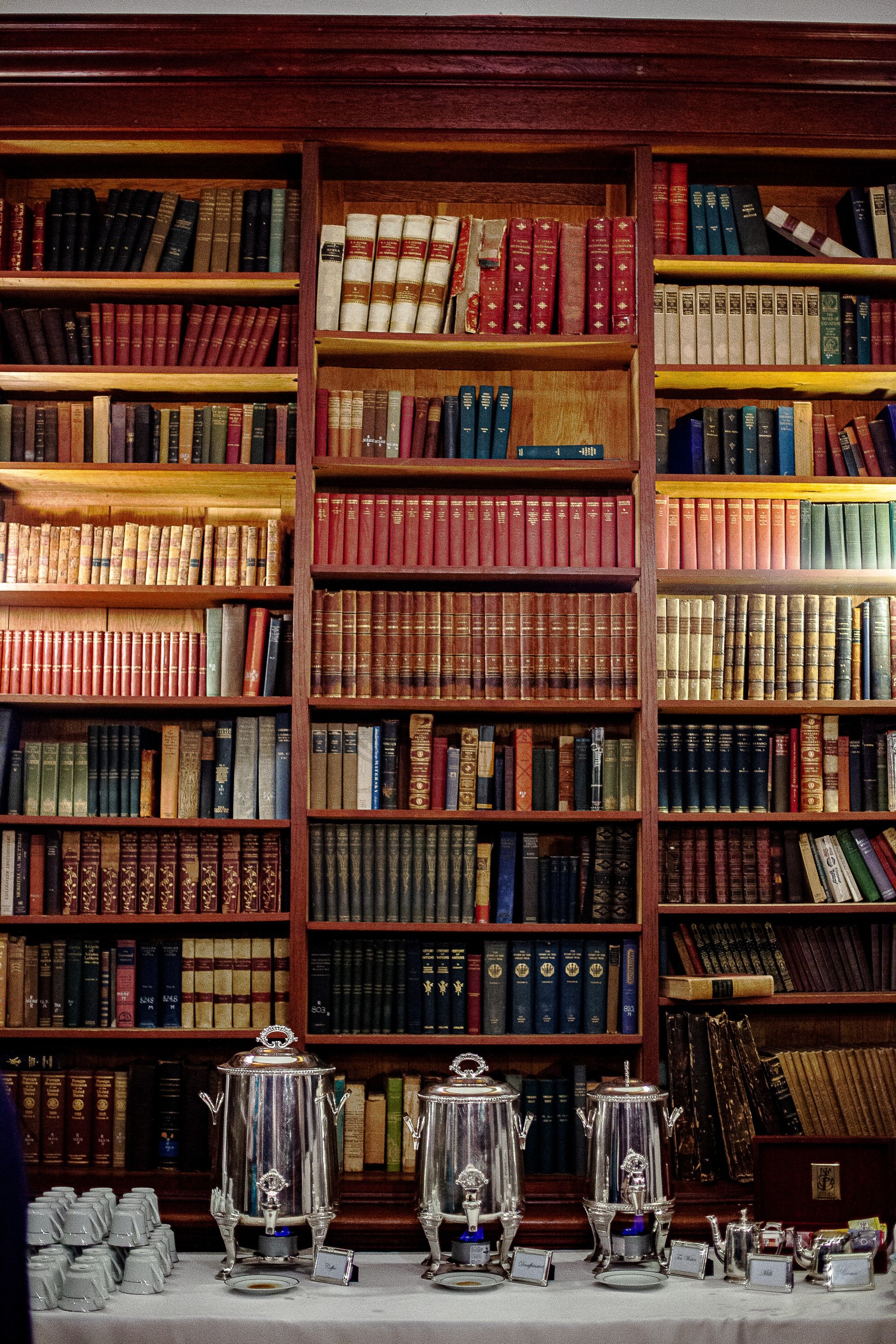 Complete uncropped artwork for The Quiet Library, showing tall shelves of richly colored books rise behind a formal table in a vertical interior