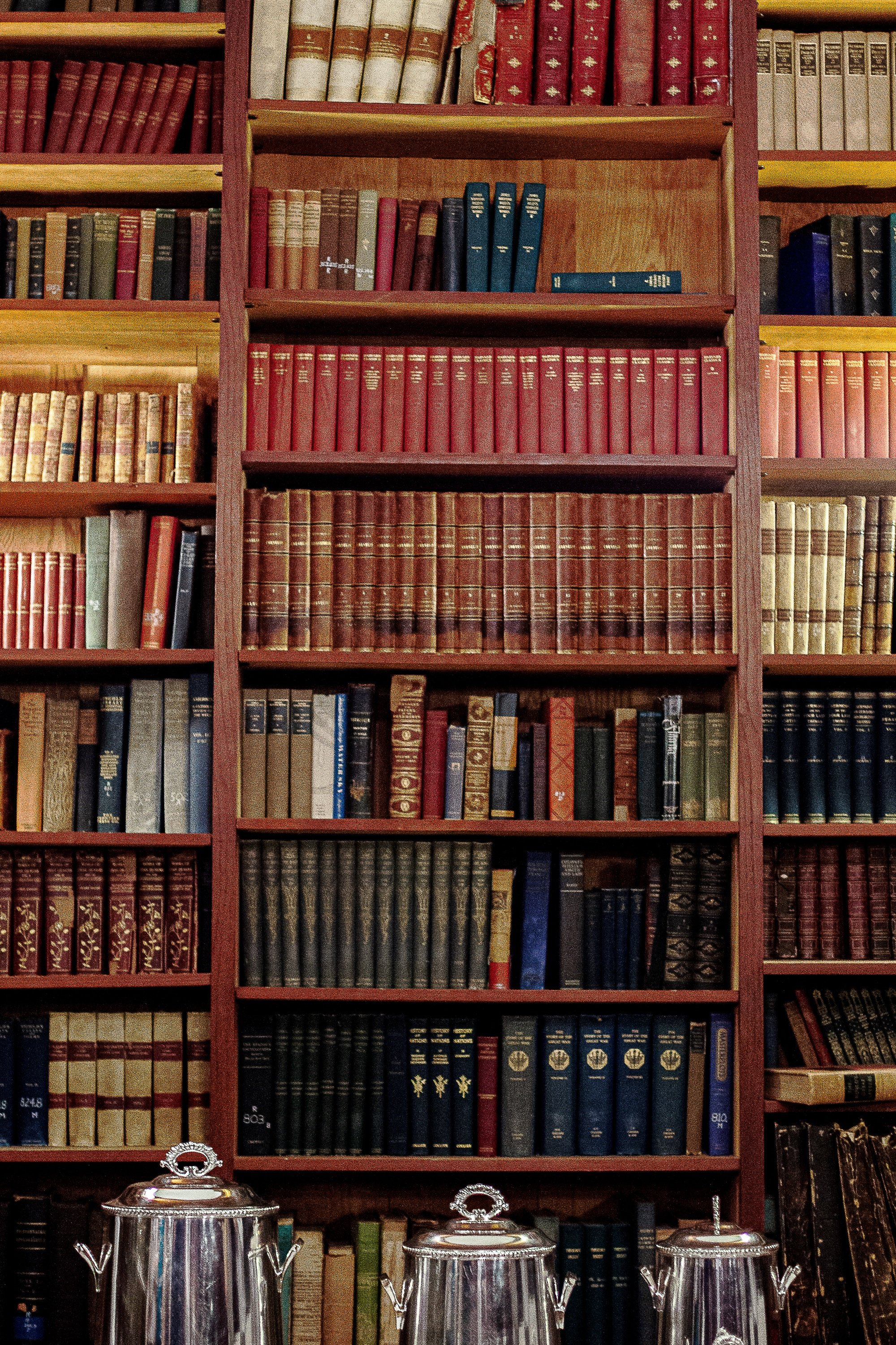 Detail crop from The Quiet Library, emphasizing small vessels and book spines interrupt the order with individual histories