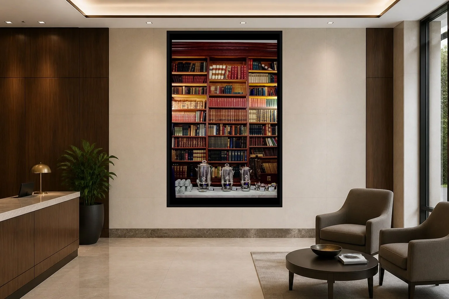 The Quiet Library displayed in a black frame within an upscale law-office reception area with honed stone, walnut paneling, quiet seating, and a clear central wall