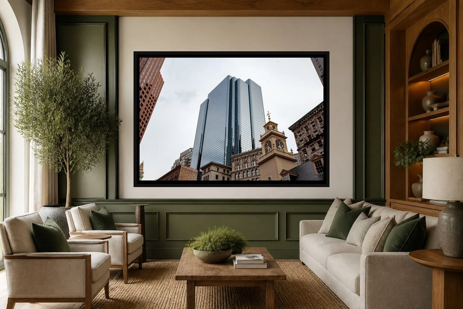 Old and New displayed in a black frame within a boutique hotel salon with deep green accents, warm oak, linen seating, and a clear central wall