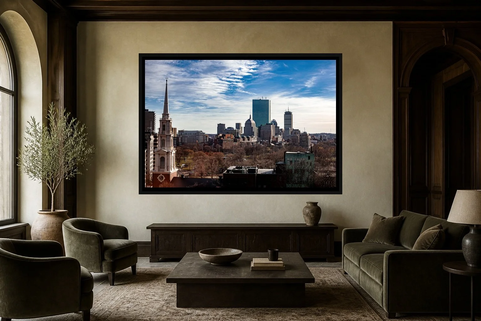 Spires and Glass displayed in a black frame within a modern palazzo sitting room with lime plaster, dark timber, muted velvet, and a clear central wall