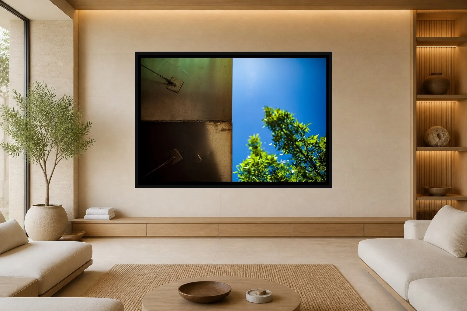Divide in Blue displayed in a black frame within a luxury spa lounge with limestone, light ash wood, low cream seating, and a clear central wall