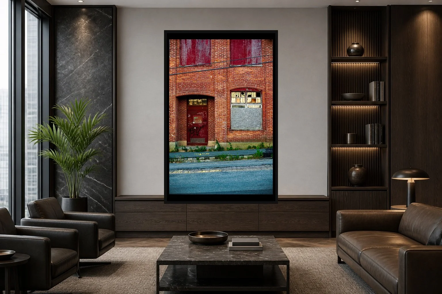 Tainted Love displayed in a black frame within a high-rise executive waiting room with charcoal stone, smoked oak, restrained leather seating, and a clear central wall