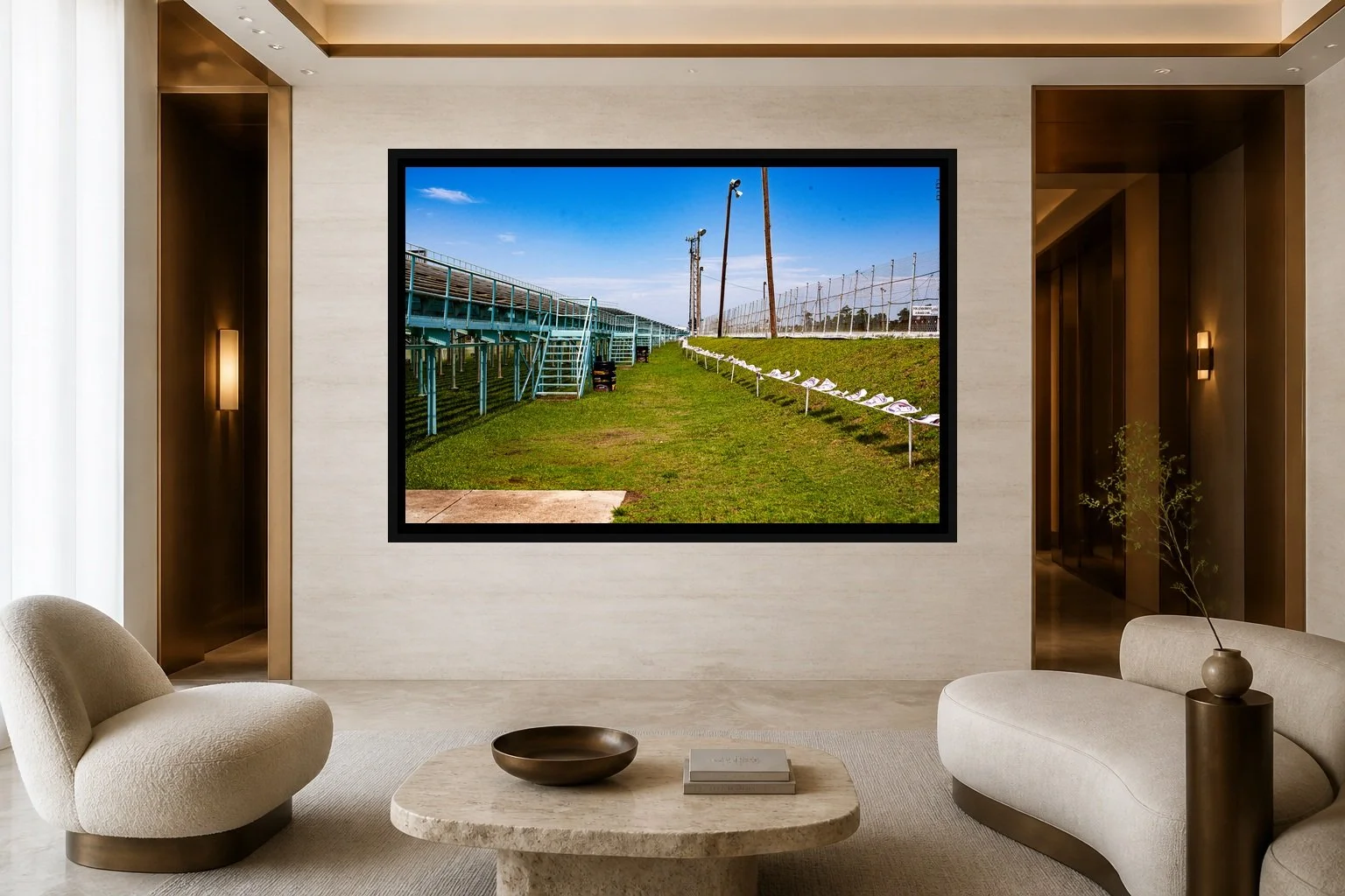Grandstand After Summer displayed in a black frame within a five-star hotel corridor lounge with travertine, bronze, sculptural seating, and a clear central wall