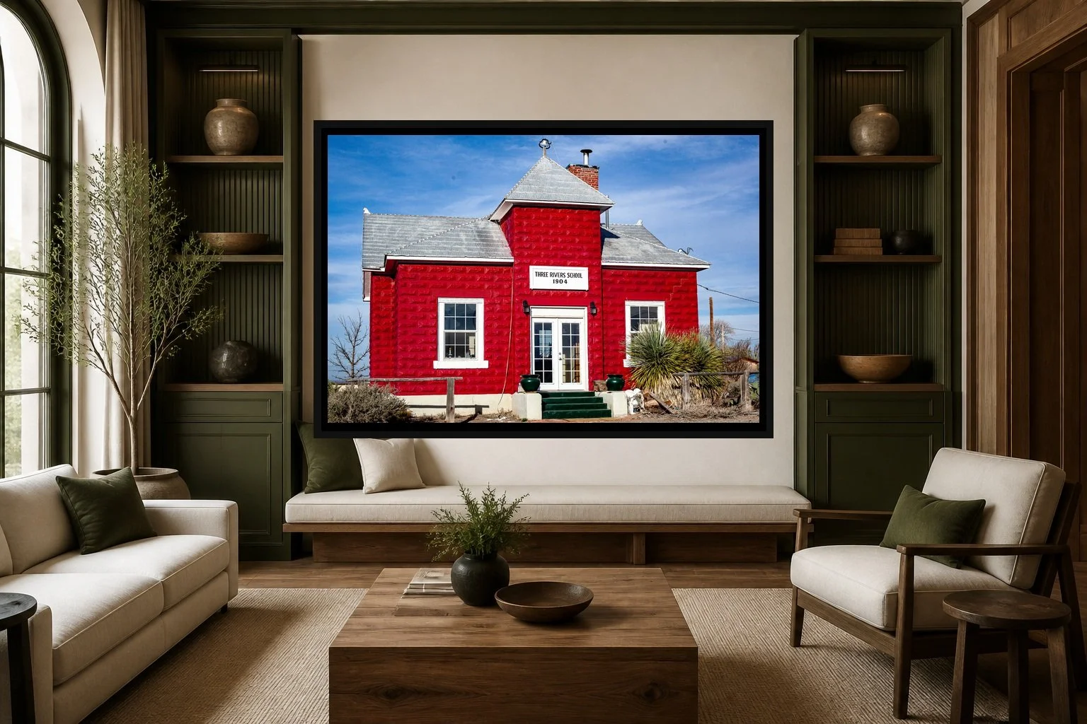 The Red Schoolhouse displayed in a black frame within a boutique hotel salon with deep green accents, warm oak, linen seating, and a clear central wall