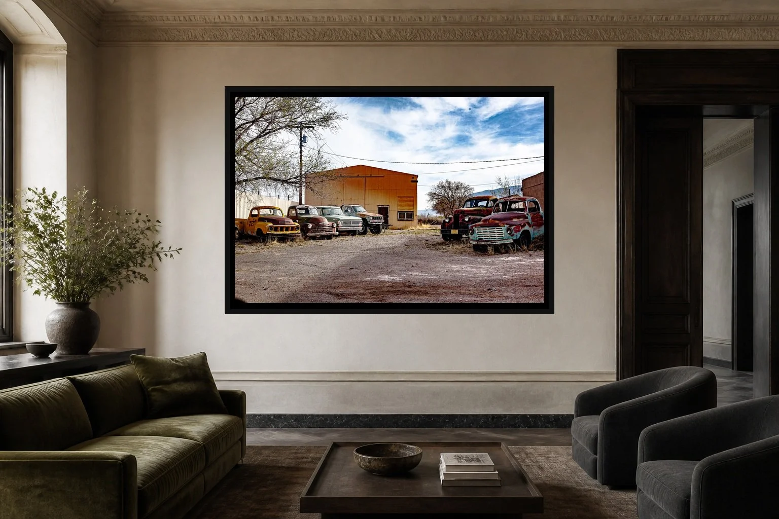 Working Relics displayed in a black frame within a modern palazzo sitting room with lime plaster, dark timber, muted velvet, and a clear central wall