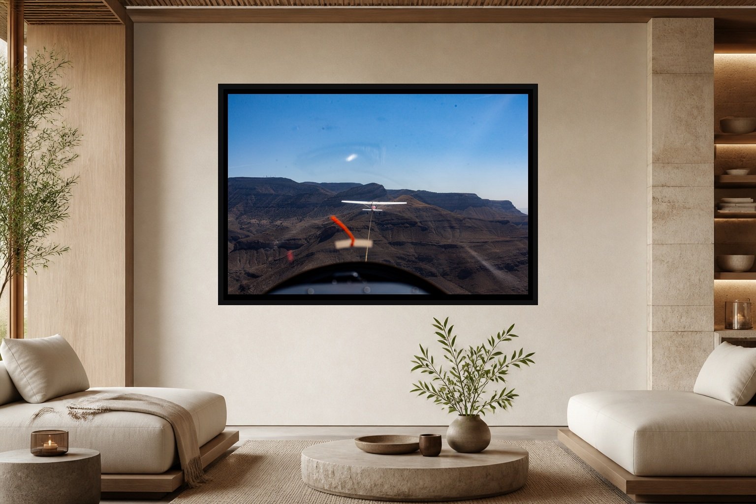 Final Approach displayed in a black frame within a luxury spa lounge with limestone, light ash wood, low cream seating, and a clear central wall