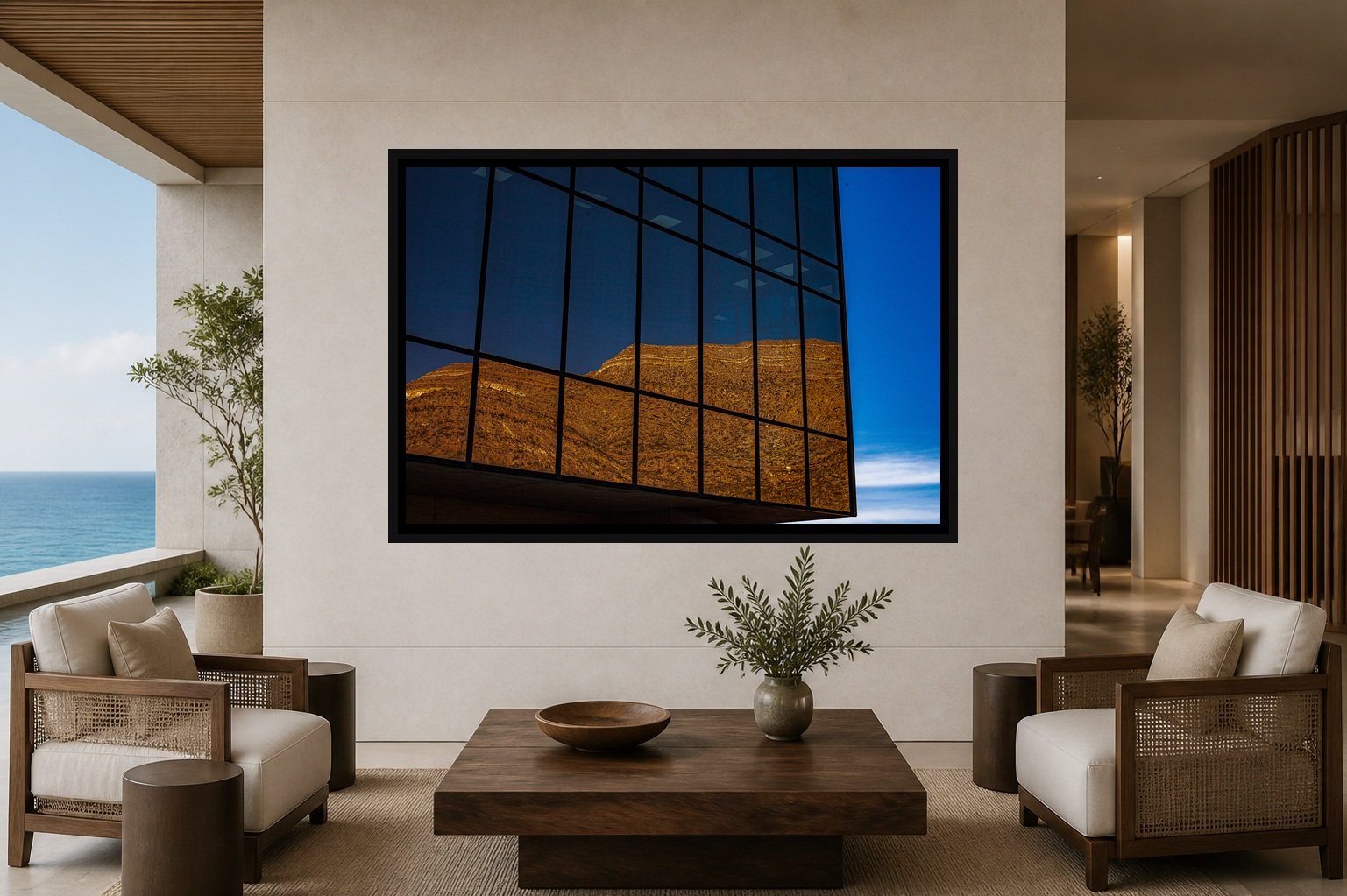 Borrowed Mountain displayed in a black frame within a refined oceanfront hotel lounge with pale limestone, walnut, cream linen, and a clear central wall