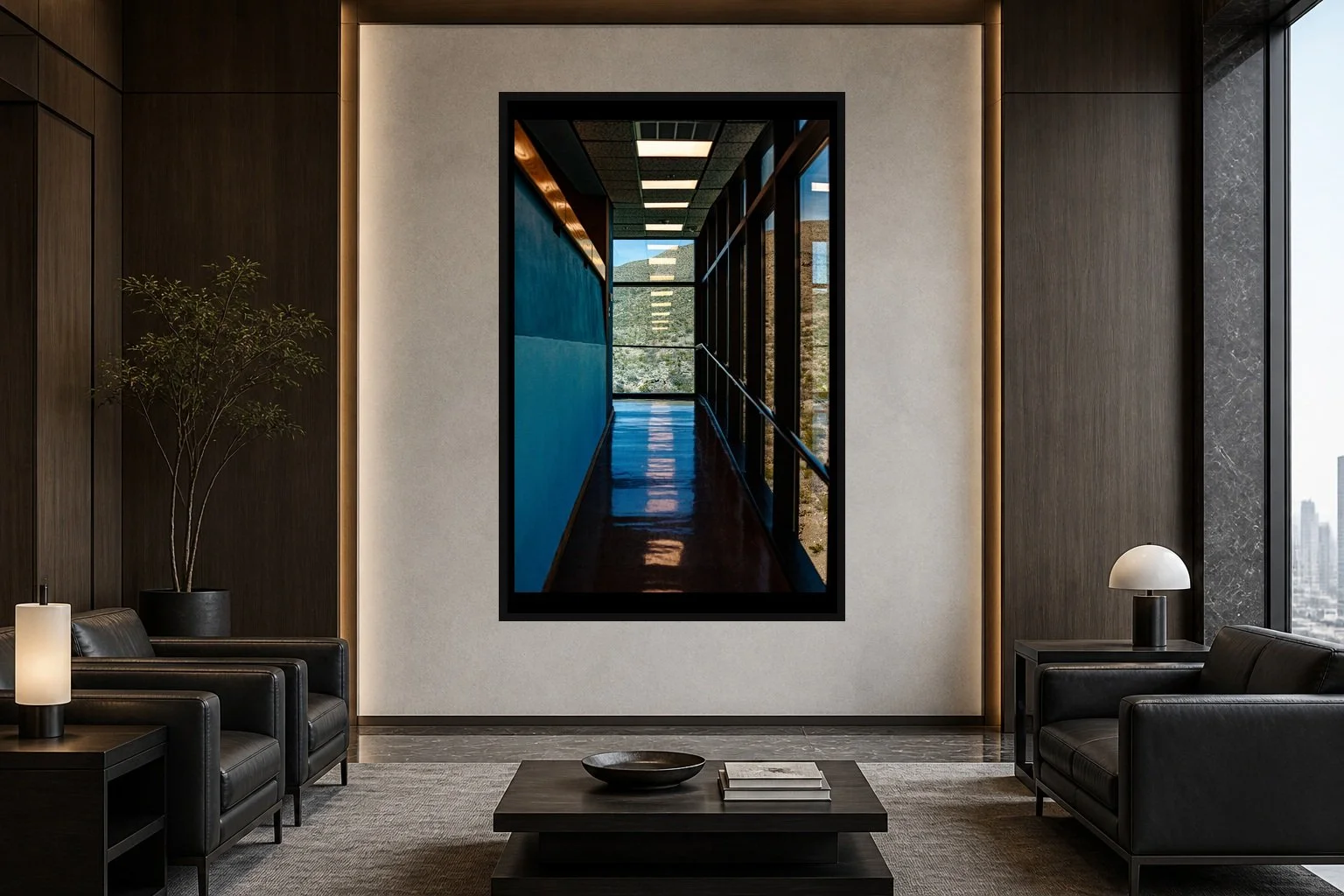 Corridor in Blue displayed in a black frame within a high-rise executive waiting room with charcoal stone, smoked oak, restrained leather seating, and a clear central wall