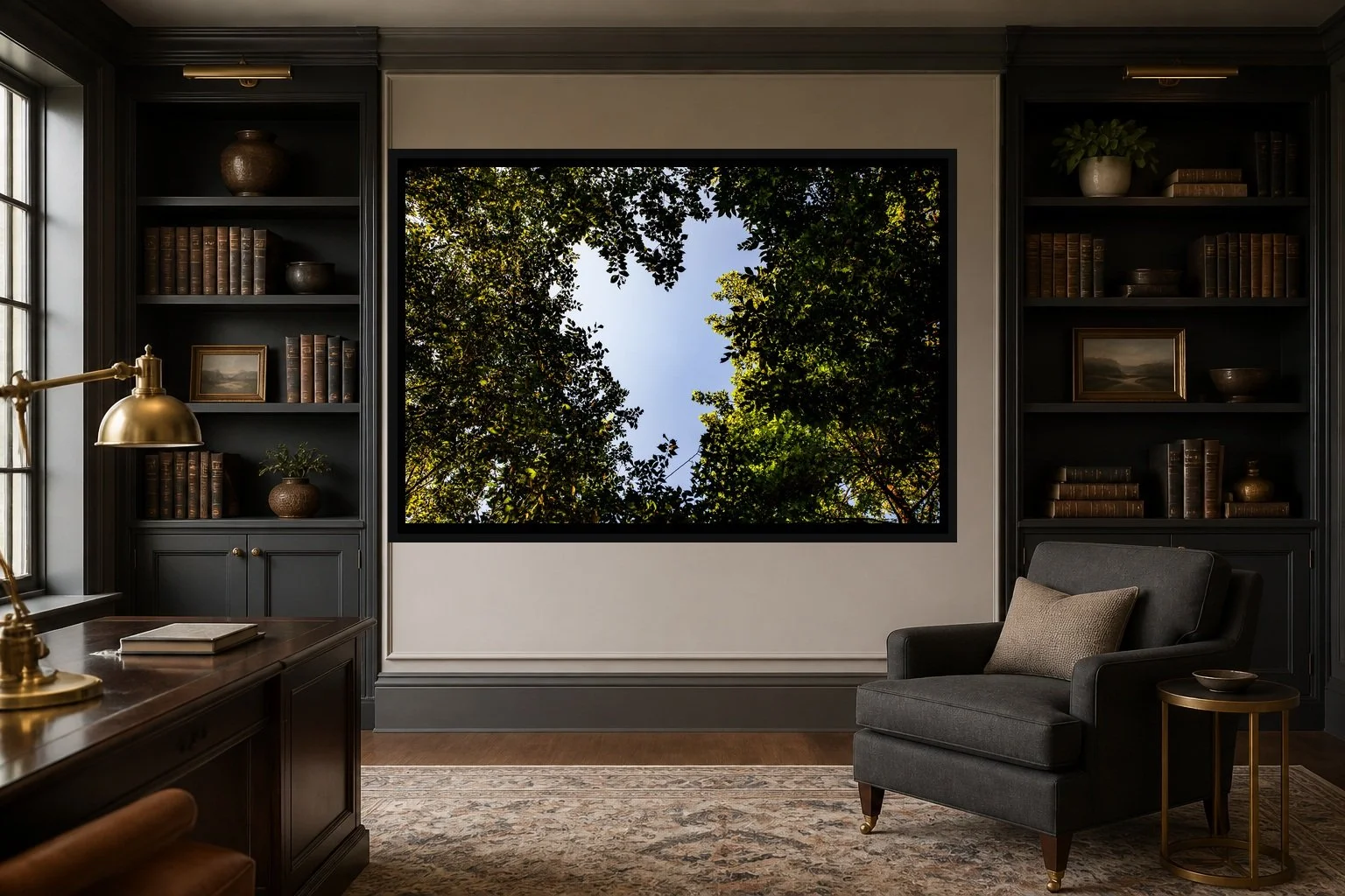 Looking Up displayed in a black frame within a quiet private library with dark shelving, warm brass, tailored wool seating, and a clear central wall