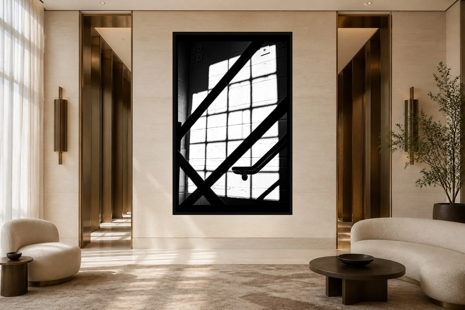 Shadow Rail displayed in a black frame within a five-star hotel corridor lounge with travertine, bronze, sculptural seating, and a clear central wall