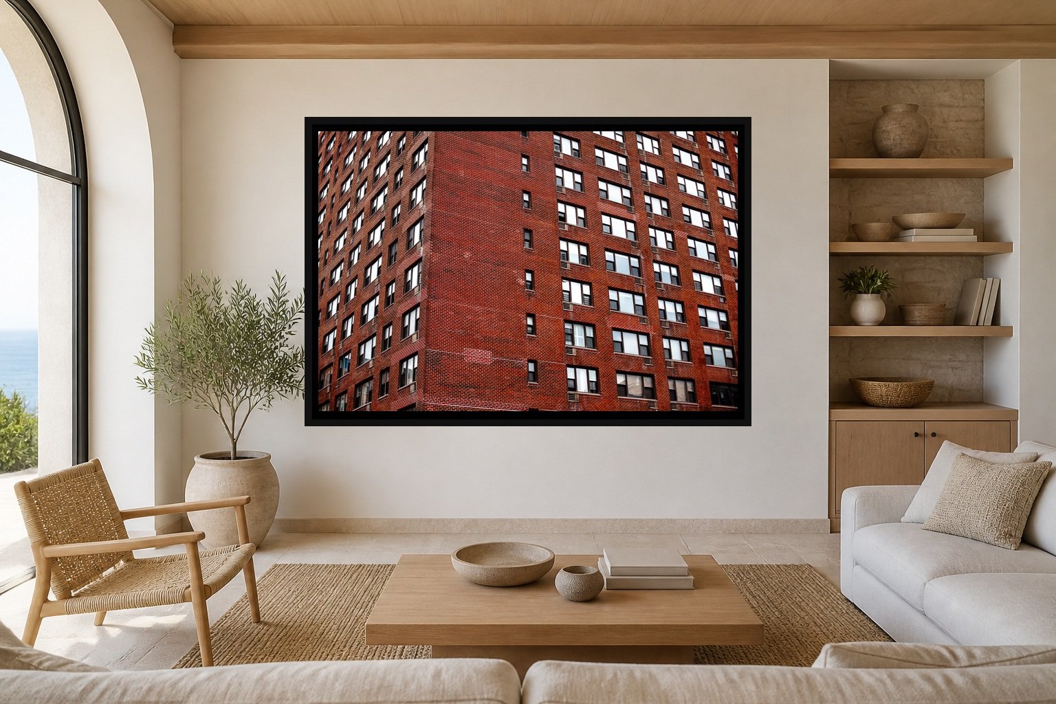 Brick Repetition displayed in a black frame within a restrained coastal residence with pale stone, white oak, woven seating, and a clear central wall