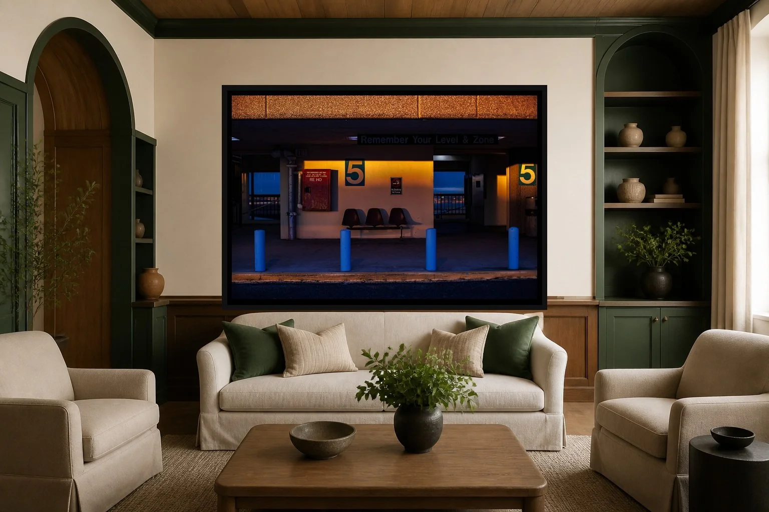 Remember Level Five displayed in a black frame within a boutique hotel salon with deep green accents, warm oak, linen seating, and a clear central wall