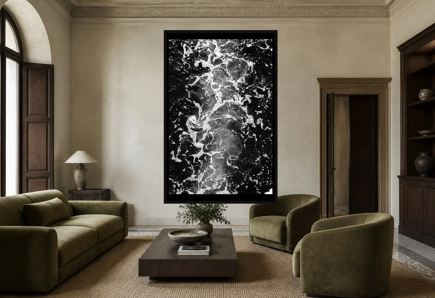 Black Water displayed in a black frame within a modern palazzo sitting room with lime plaster, dark timber, muted velvet, and a clear central wall