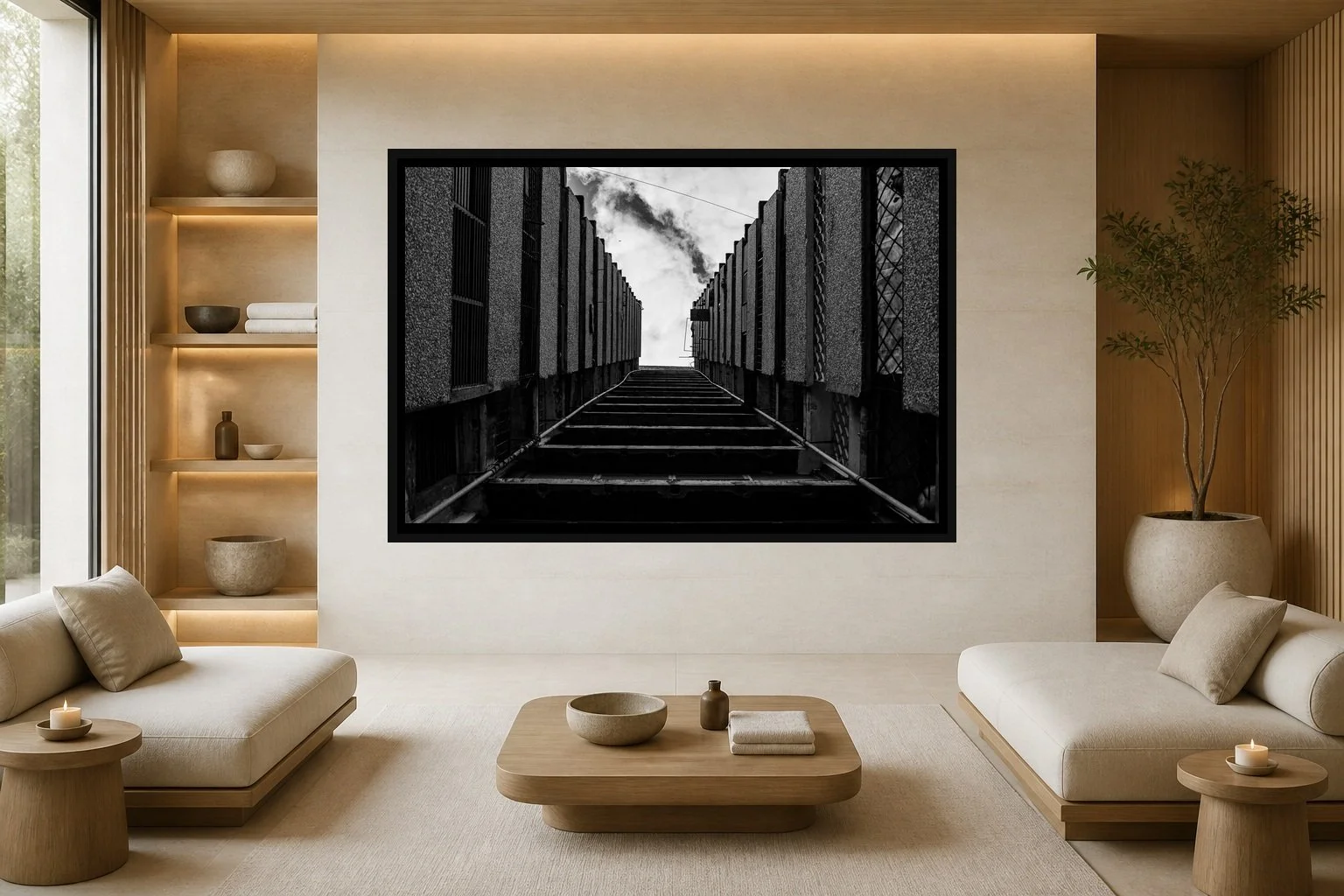Industrial Ascent displayed in a black frame within a luxury spa lounge with limestone, light ash wood, low cream seating, and a clear central wall