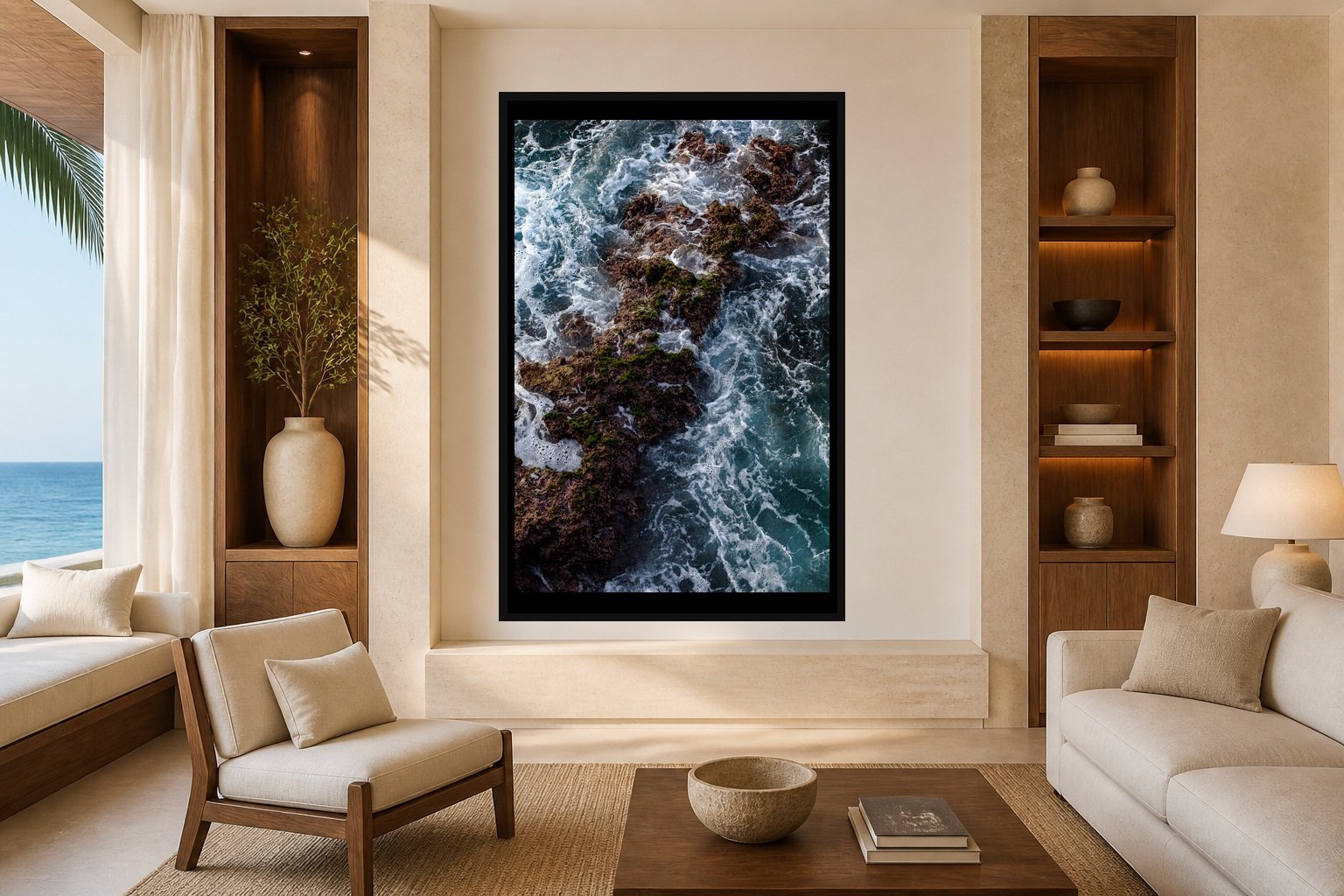 Sea Against Stone displayed in a black frame within a refined oceanfront hotel lounge with pale limestone, walnut, cream linen, and a clear central wall