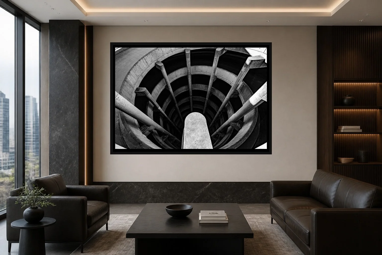 Spiral Descent displayed in a black frame within a high-rise executive waiting room with charcoal stone, smoked oak, restrained leather seating, and a clear central wall
