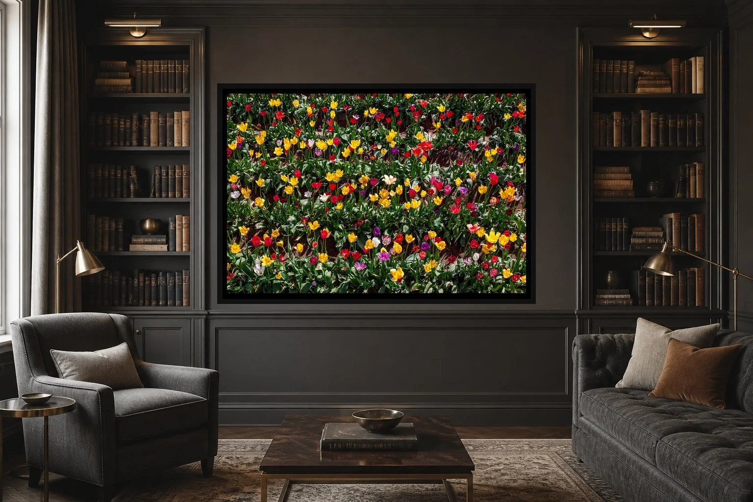 Unruly Color displayed in a black frame within a quiet private library with dark shelving, warm brass, tailored wool seating, and a clear central wall