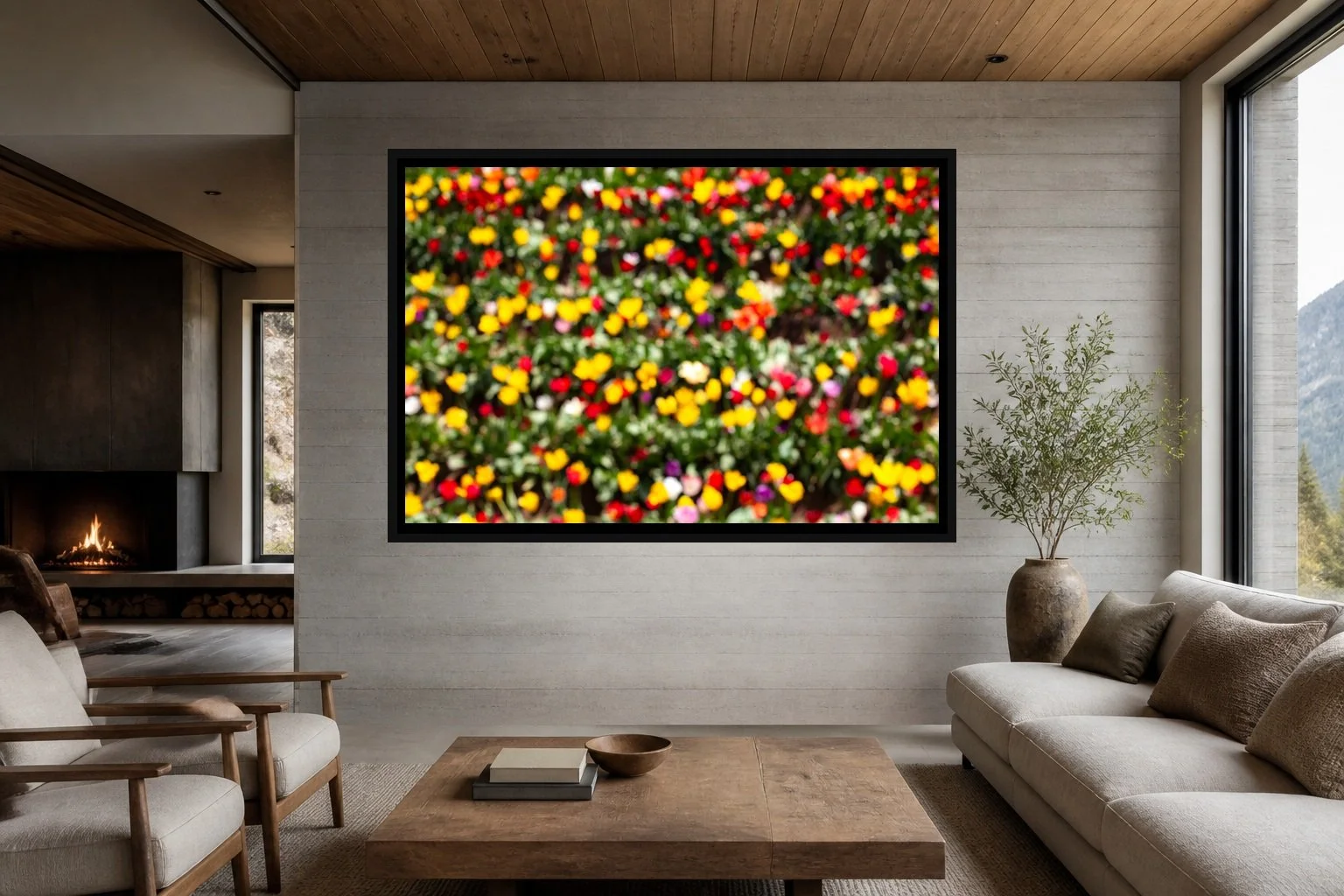 Garden Out of Focus displayed in a black frame within a contemporary mountain residence with board-formed concrete, oak, soft neutral upholstery, and a clear central wall