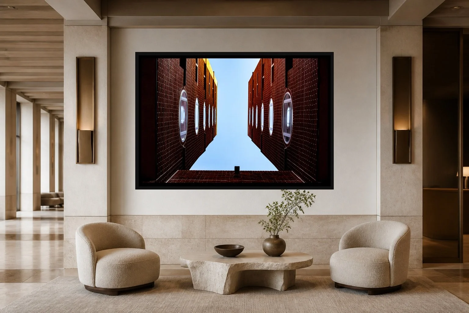 Sky Courtyard displayed in a black frame within a five-star hotel corridor lounge with travertine, bronze, sculptural seating, and a clear central wall