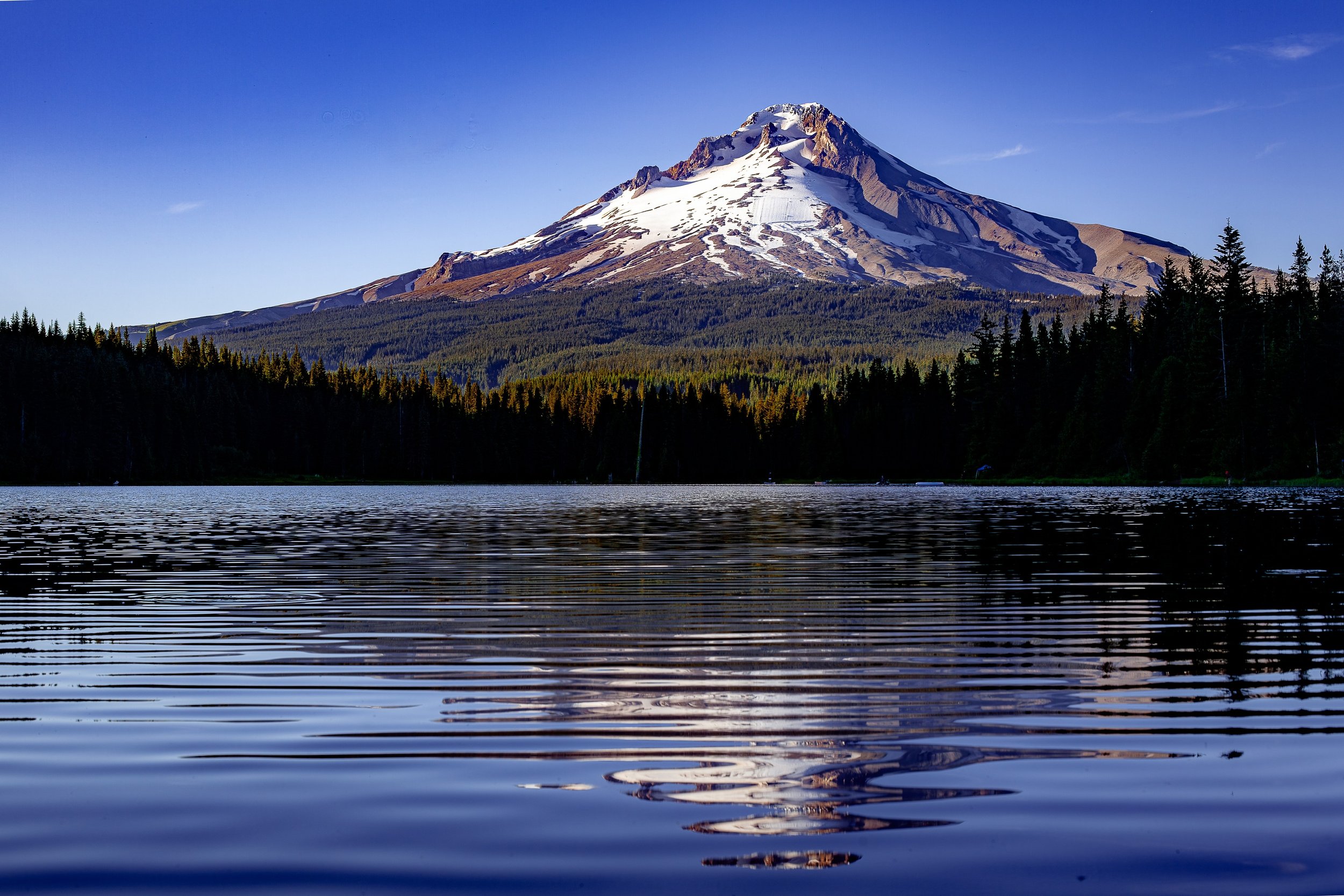 Complete uncropped artwork for Mountain in Reflection, showing a snow-touched mountain rises above a dark forest and reflects in calm blue water