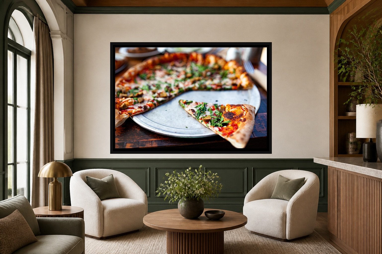 Last Slice displayed in a black frame within a boutique hotel salon with deep green accents, warm oak, linen seating, and a clear central wall