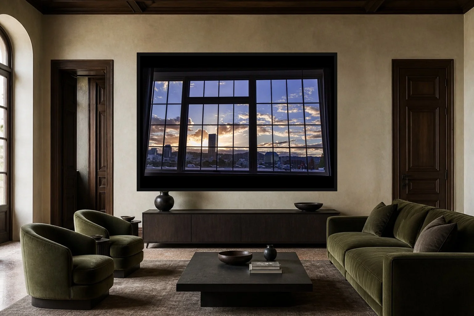 Window Weather displayed in a black frame within a modern palazzo sitting room with lime plaster, dark timber, muted velvet, and a clear central wall