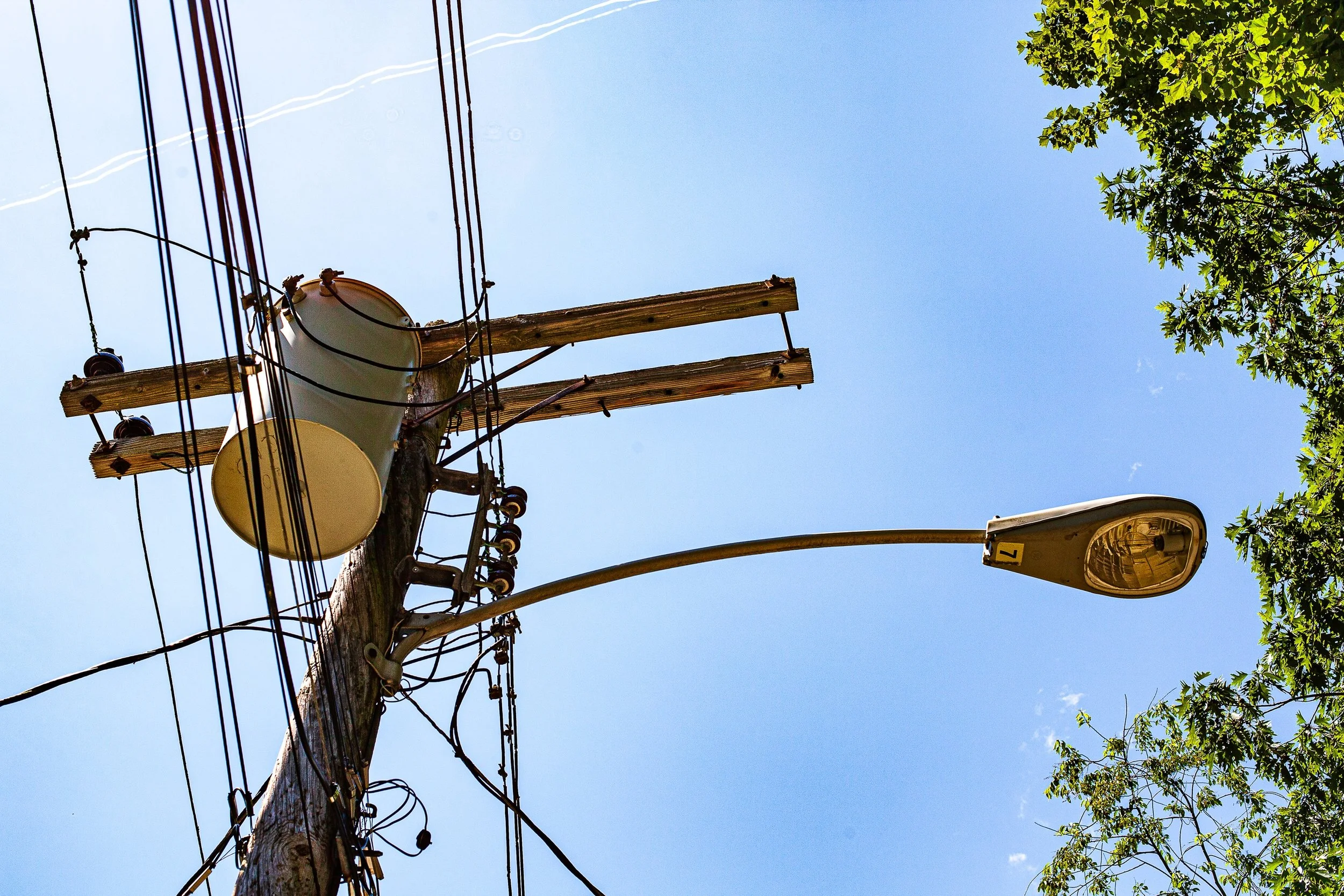 Complete uncropped artwork for Utility Sky, showing power lines, transformers, and a streetlight cross a bright blue sky beside green leaves