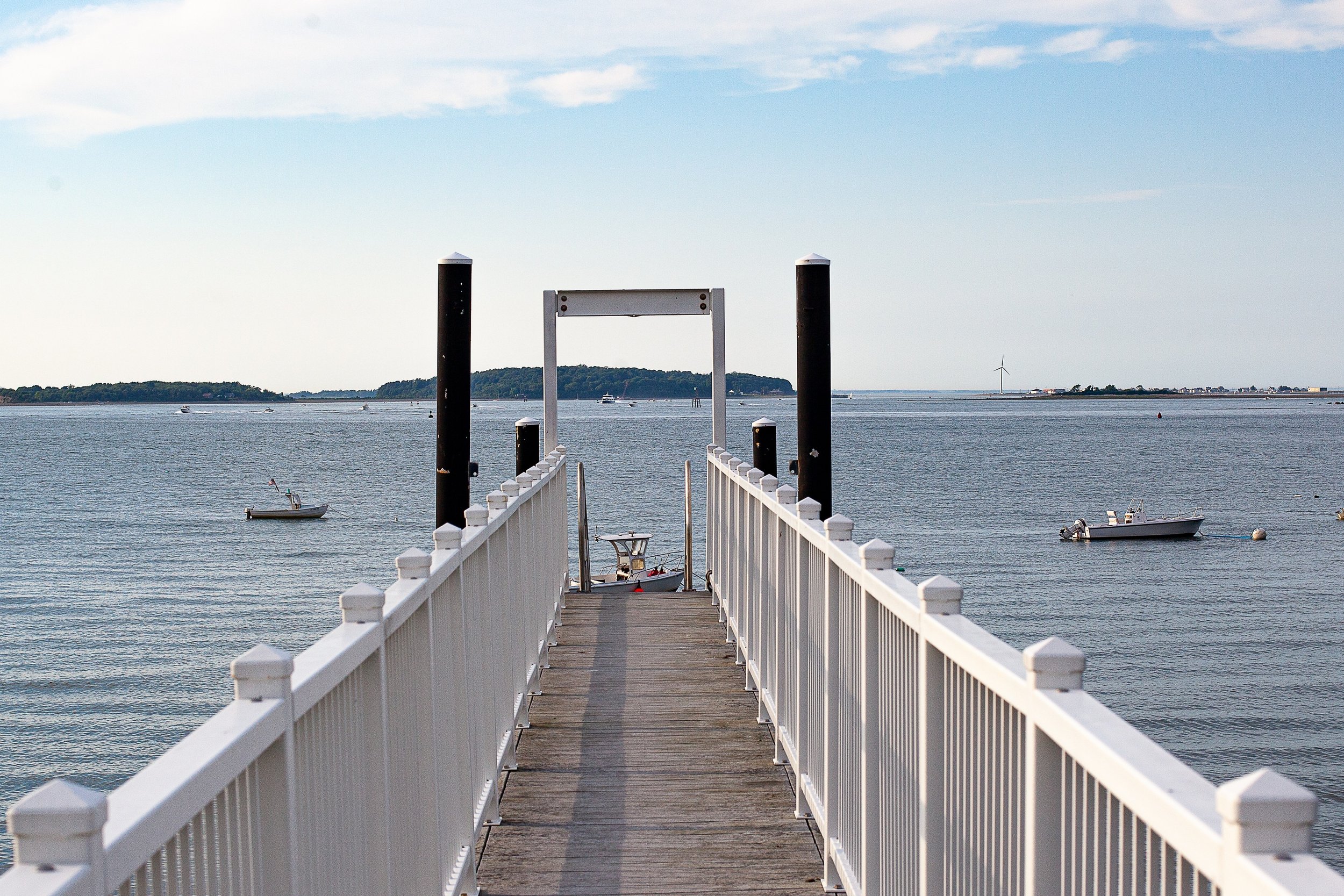 Detail crop from Walk to the Water, emphasizing posts, rail shadows, and the scattered boats slow the movement toward the horizon