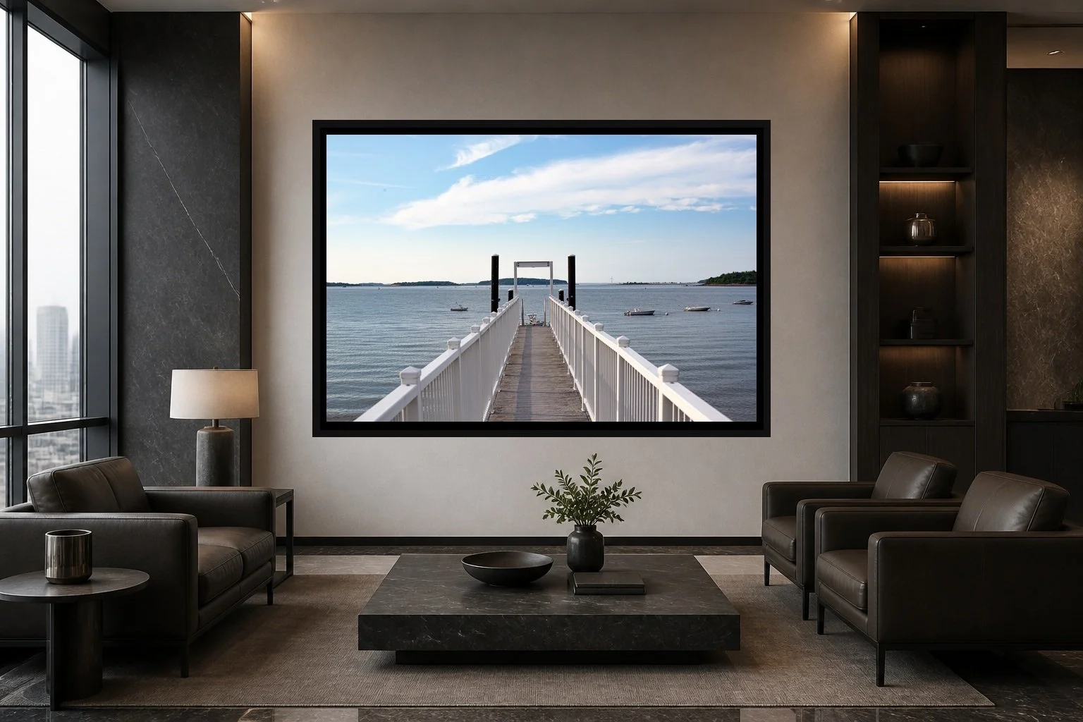 Walk to the Water displayed in a black frame within a high-rise executive waiting room with charcoal stone, smoked oak, restrained leather seating, and a clear central wall