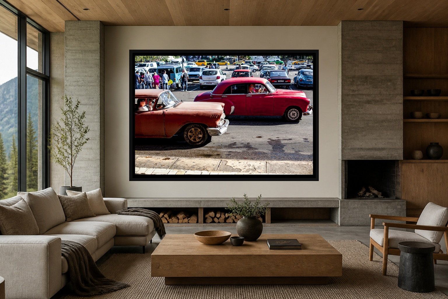 A Step Back in Time displayed in a black frame within a contemporary mountain residence with board-formed concrete, oak, soft neutral upholstery, and a clear central wall