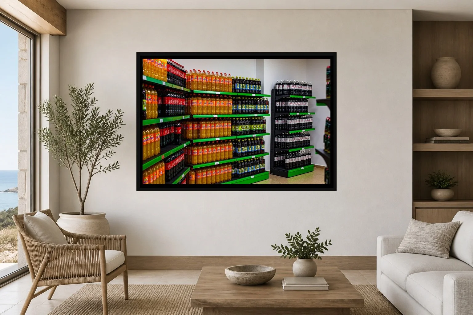 Bottled Color displayed in a black frame within a restrained coastal residence with pale stone, white oak, woven seating, and a clear central wall