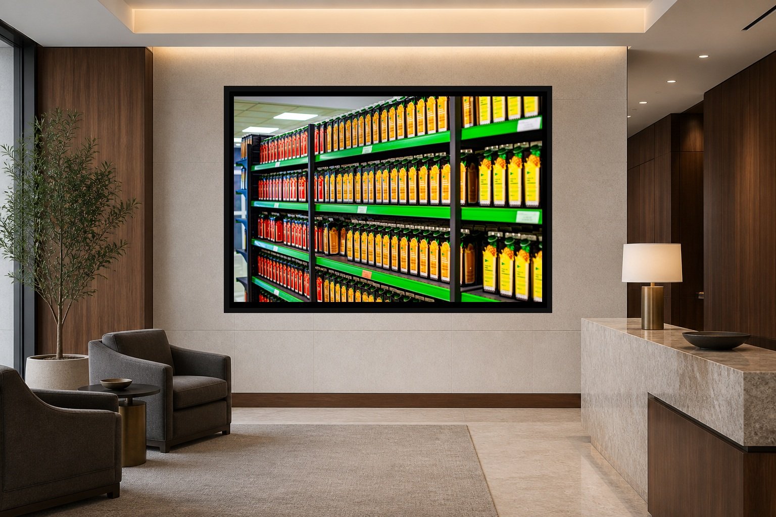 Repetition in Orange displayed in a black frame within an upscale law-office reception area with honed stone, walnut paneling, quiet seating, and a clear central wall