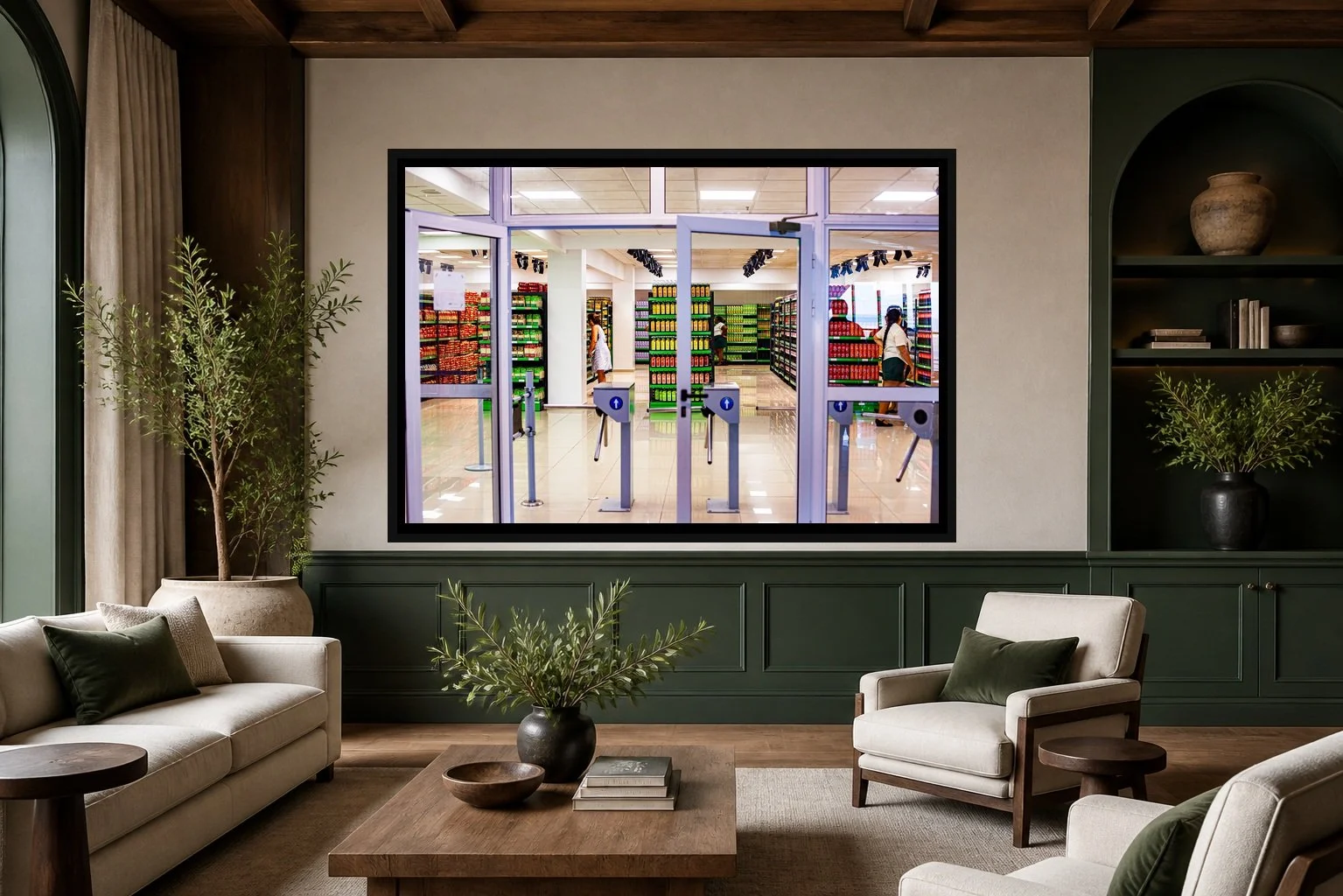 The Threshold displayed in a black frame within a boutique hotel salon with deep green accents, warm oak, linen seating, and a clear central wall