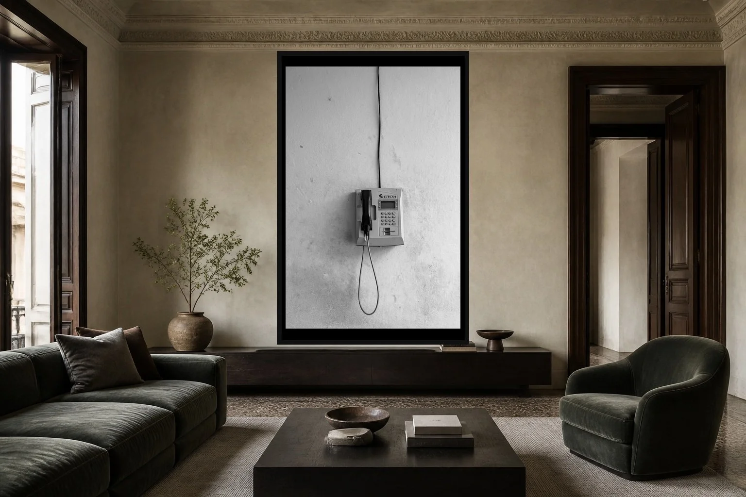 Call Box displayed in a black frame within a modern palazzo sitting room with lime plaster, dark timber, muted velvet, and a clear central wall