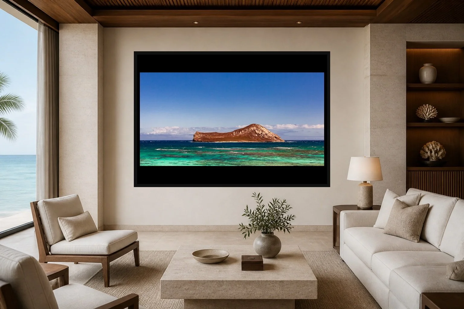 Offshore Red displayed in a black frame within a refined oceanfront hotel lounge with pale limestone, walnut, cream linen, and a clear central wall