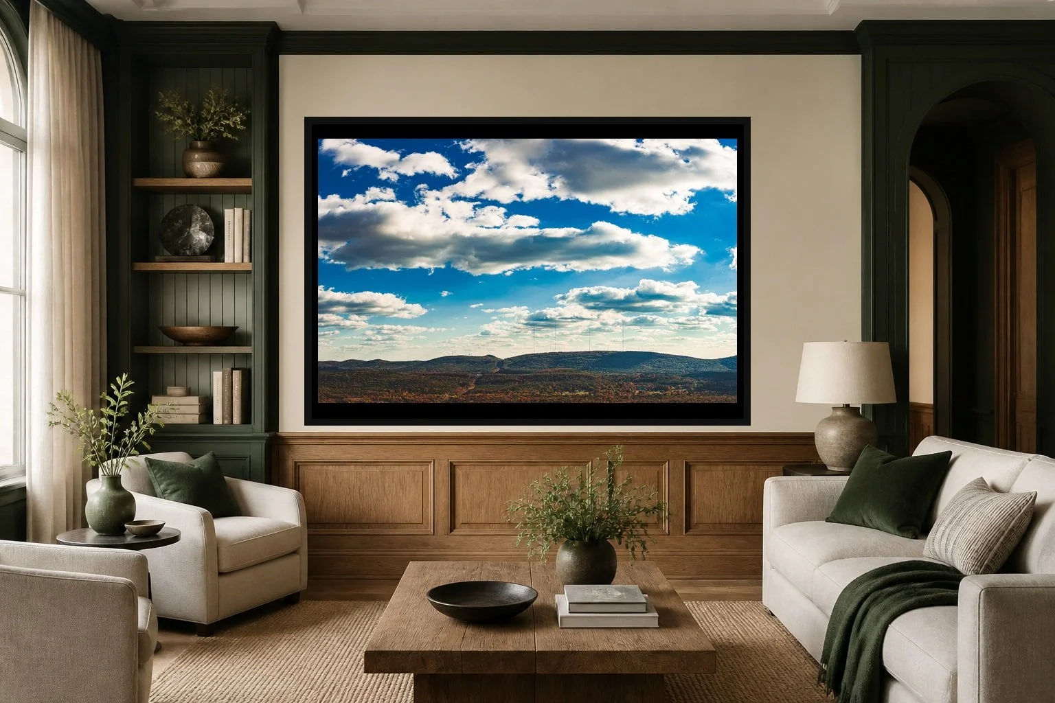Weather Country displayed in a black frame within a boutique hotel salon with deep green accents, warm oak, linen seating, and a clear central wall